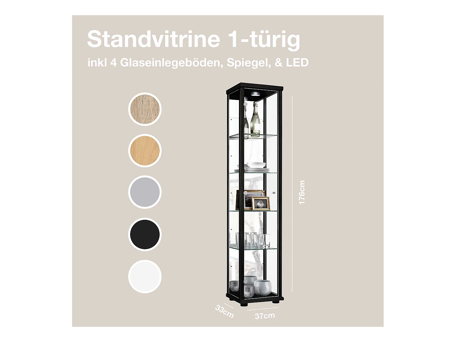 Standvitrine mit 1 Tür, 4 Höhenverstellbaren Glasböden & Spiegel - Mit LED-Beleuchtung- 176x37x33 cm - Schwarz