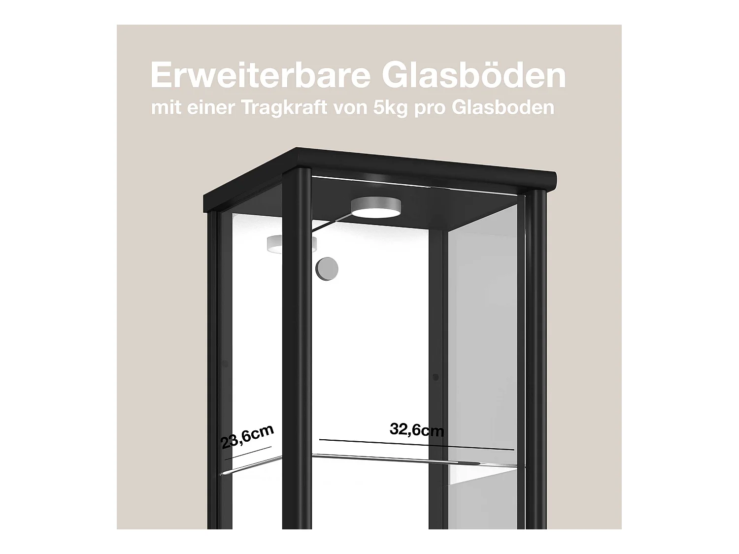 Standvitrine mit 1 Tür, 4 Höhenverstellbaren Glasböden & Spiegel - Mit LED-Beleuchtung- 176x37x33 cm - Schwarz