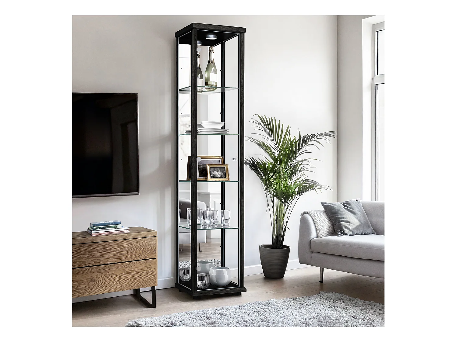 Vitrine sur pied avec 1 porte, 4 étagères en verre réglables en hauteur & miroir - Avec éclairage LED - 176x37x33 cm - Noir