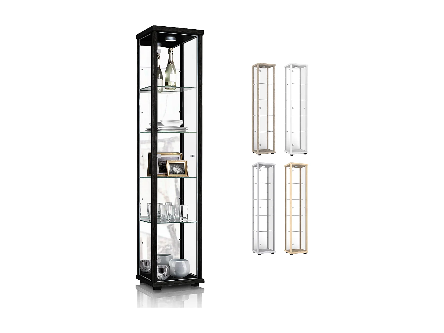 Vitrine sur pied avec 1 porte, 4 étagères en verre réglables en hauteur & miroir - Avec éclairage LED - 176x37x33 cm - Noir