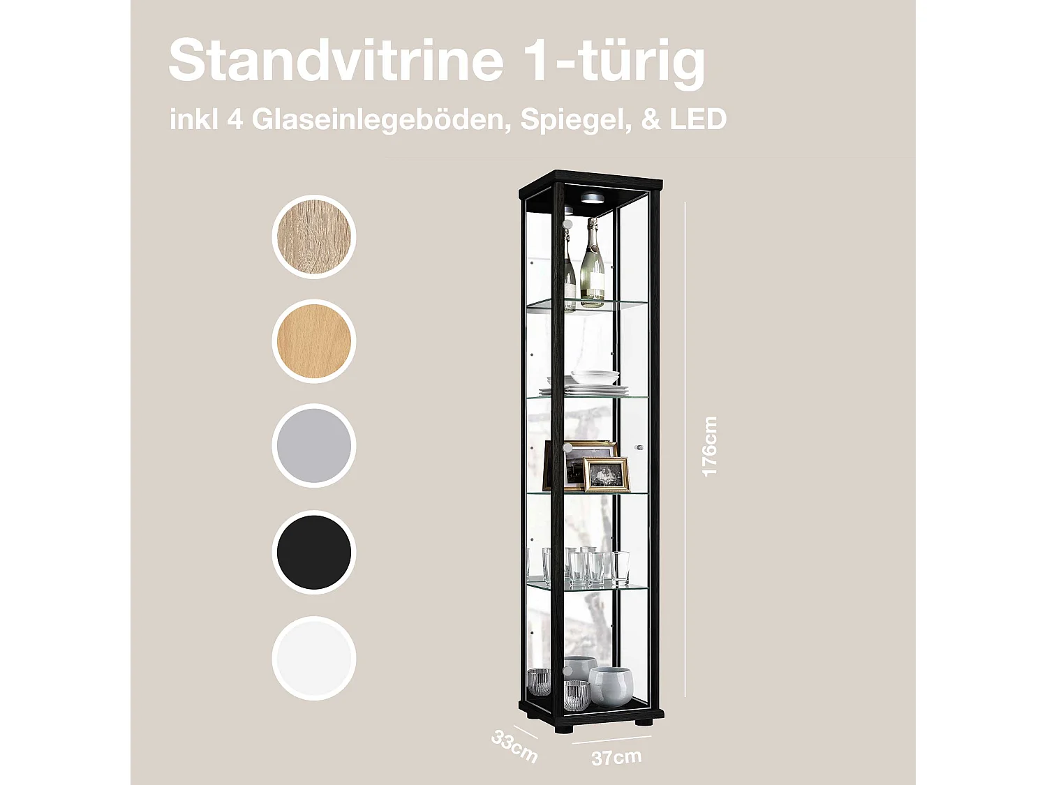 Vitrine sur pied avec 1 porte, 4 étagères en verre réglables en hauteur & miroir - Avec éclairage LED - 176x37x33 cm - Noir