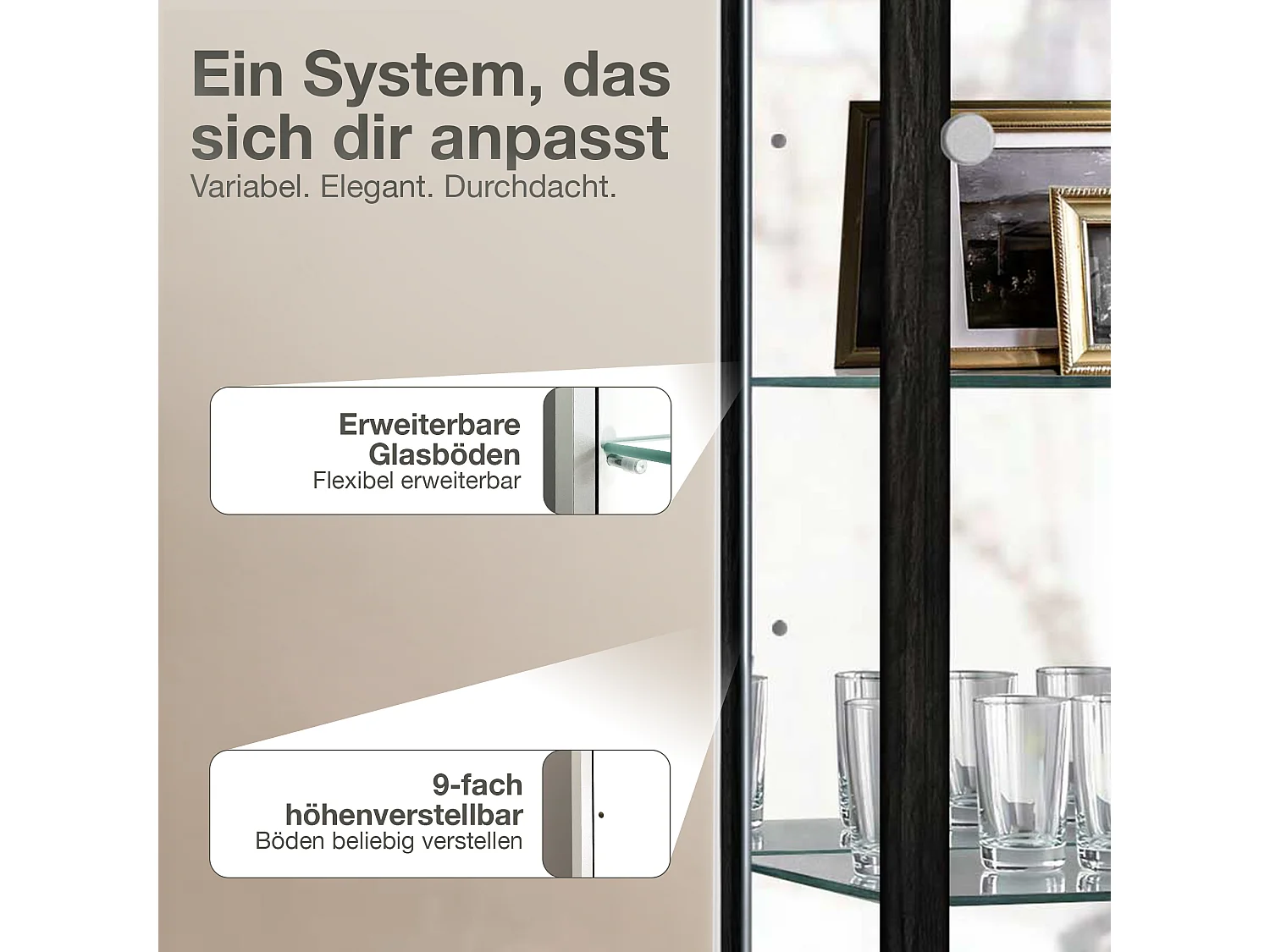 Vitrine sur pied avec 1 porte, 4 étagères en verre réglables en hauteur & miroir - Avec éclairage LED - 176x37x33 cm - Noir