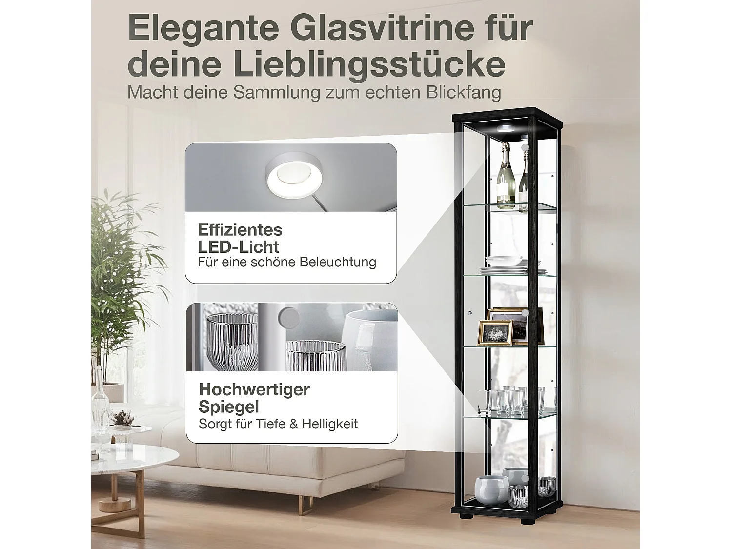 Vitrine sur pied avec 1 porte, 4 étagères en verre réglables en hauteur & miroir - Avec éclairage LED - 176x37x33 cm - Noir