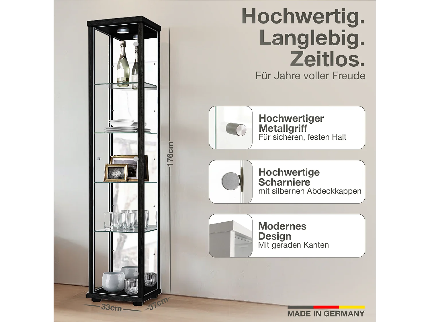 Standvitrine mit 1 Tür, 4 Höhenverstellbaren Glasböden & Spiegel - Mit LED-Beleuchtung- 176x37x33 cm - Schwarz