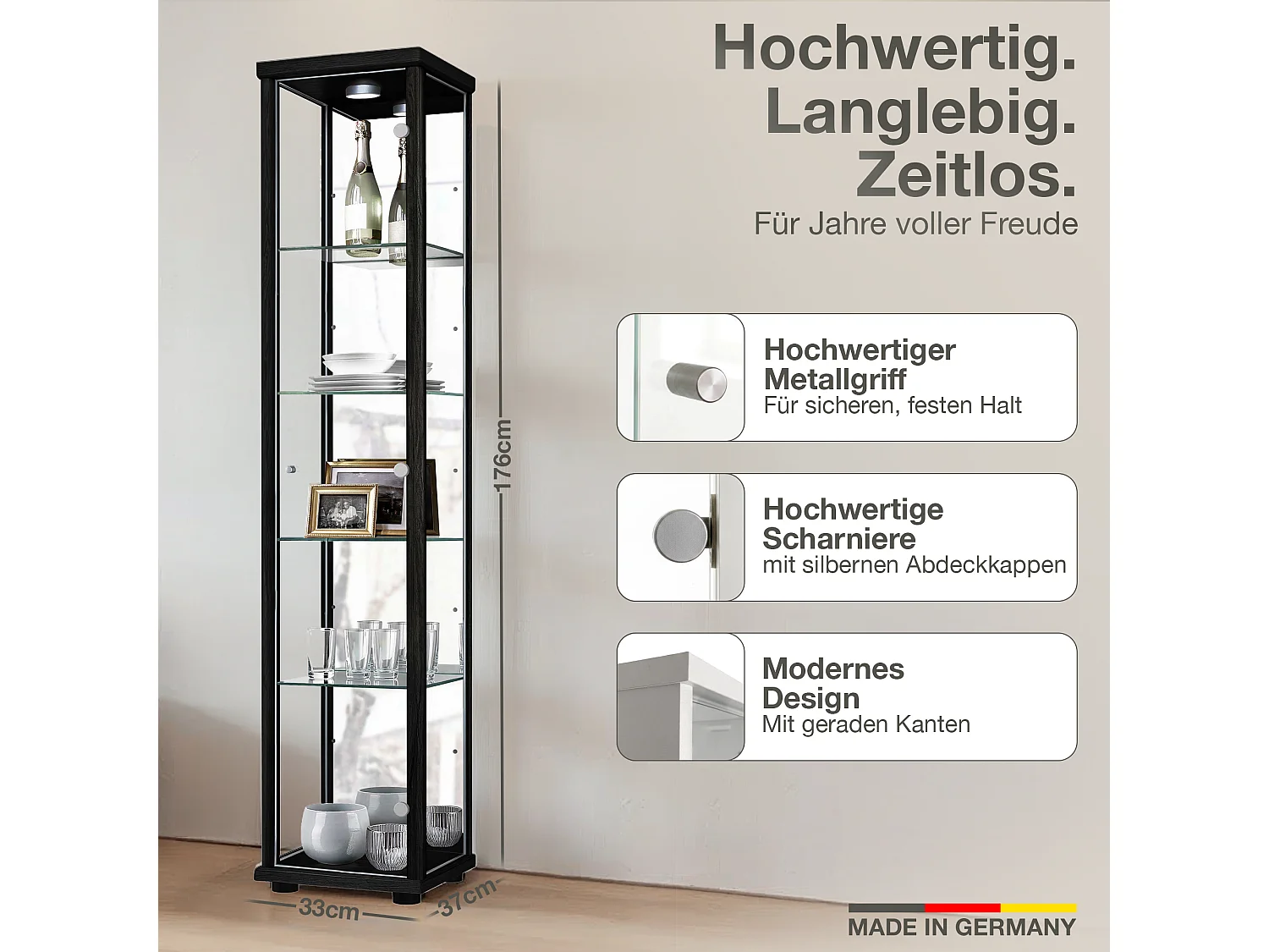 Staande vitrine met 1 deur, 4 in hoogte verstelbare glasplanken & spiegel - Met LED-verlichting - 176x37x33 cm - Zwart