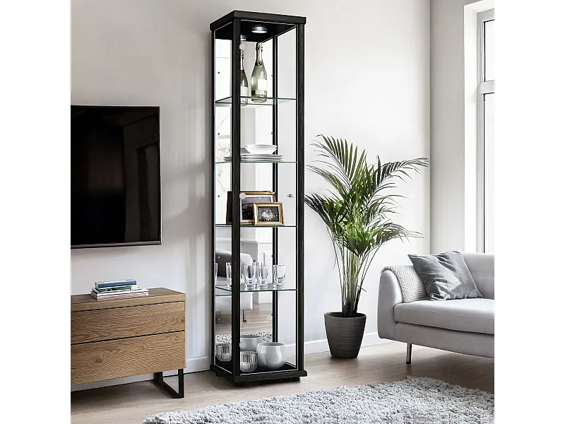 Staande vitrine met 1 deur, 4 in hoogte verstelbare glasplanken & spiegel - Met LED-verlichting - 176x37x33 cm - Zwart