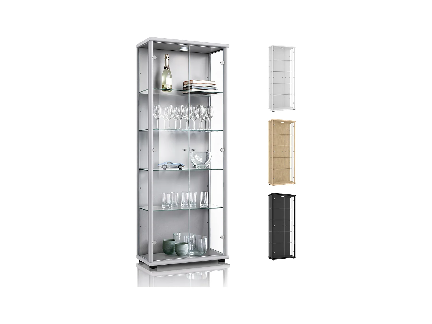 Staande vitrine met 2 deuren, 4 in hoogte verstelbare glasplanken - Met LED-verlichting - 176x67x33 cm - Zilverkleurig