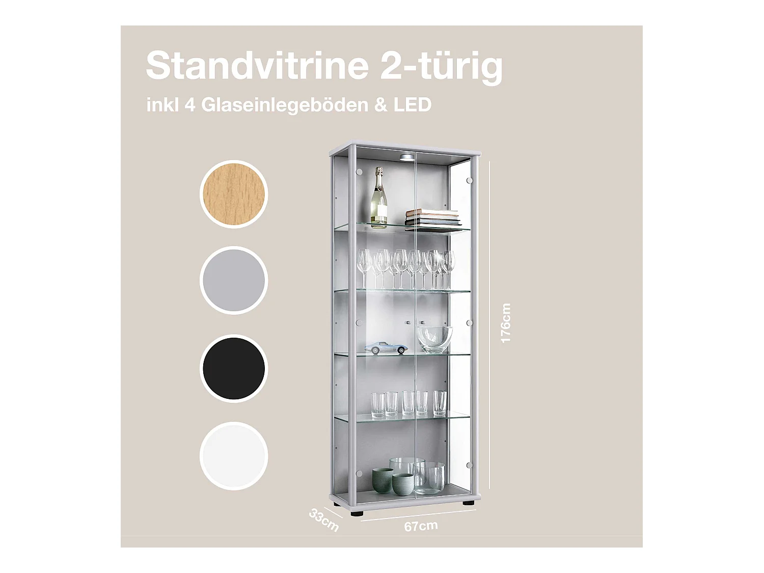 Staande vitrine met 2 deuren, 4 in hoogte verstelbare glasplanken - Met LED-verlichting - 176x67x33 cm - Zilverkleurig