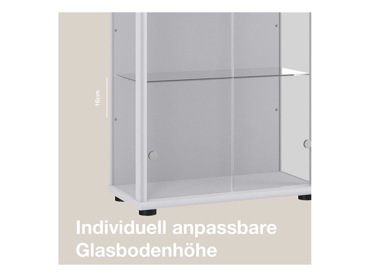 Staande vitrine met 2 deuren, 4 in hoogte verstelbare glasplanken - Met LED-verlichting - 176x67x33 cm - Zilverkleurig