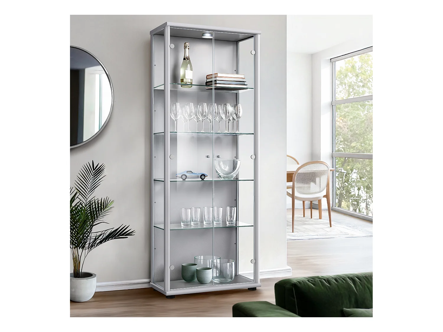 Vitrine sur pied avec 2 portes, 4 étagères en verre réglables en hauteur - Avec éclairage LED - 176x67x33 cm - Couleur argentée