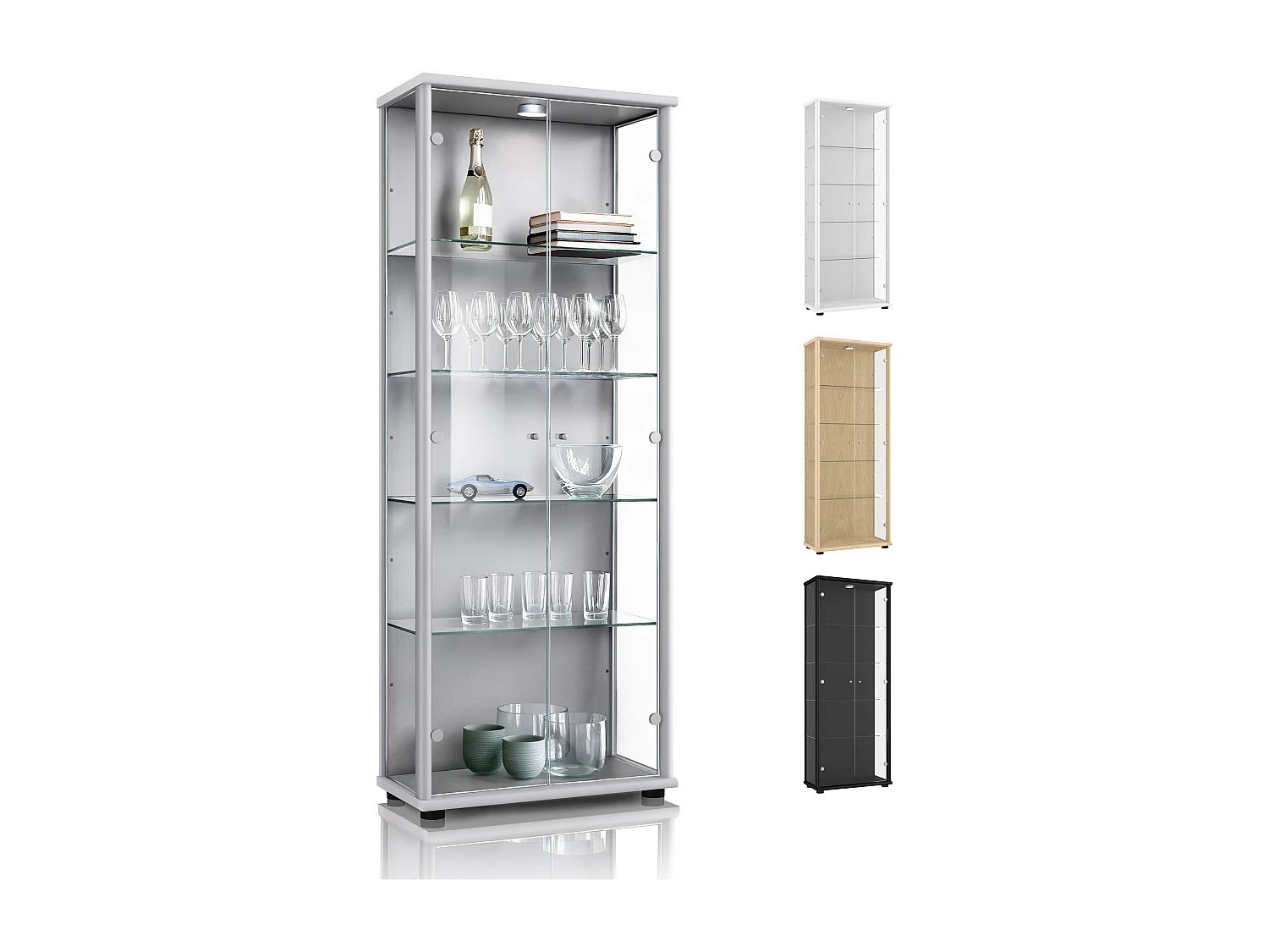 Vitrine sur pied avec 2 portes, 4 étagères en verre réglables en hauteur - Avec éclairage LED - 176x67x33 cm - Couleur argentée