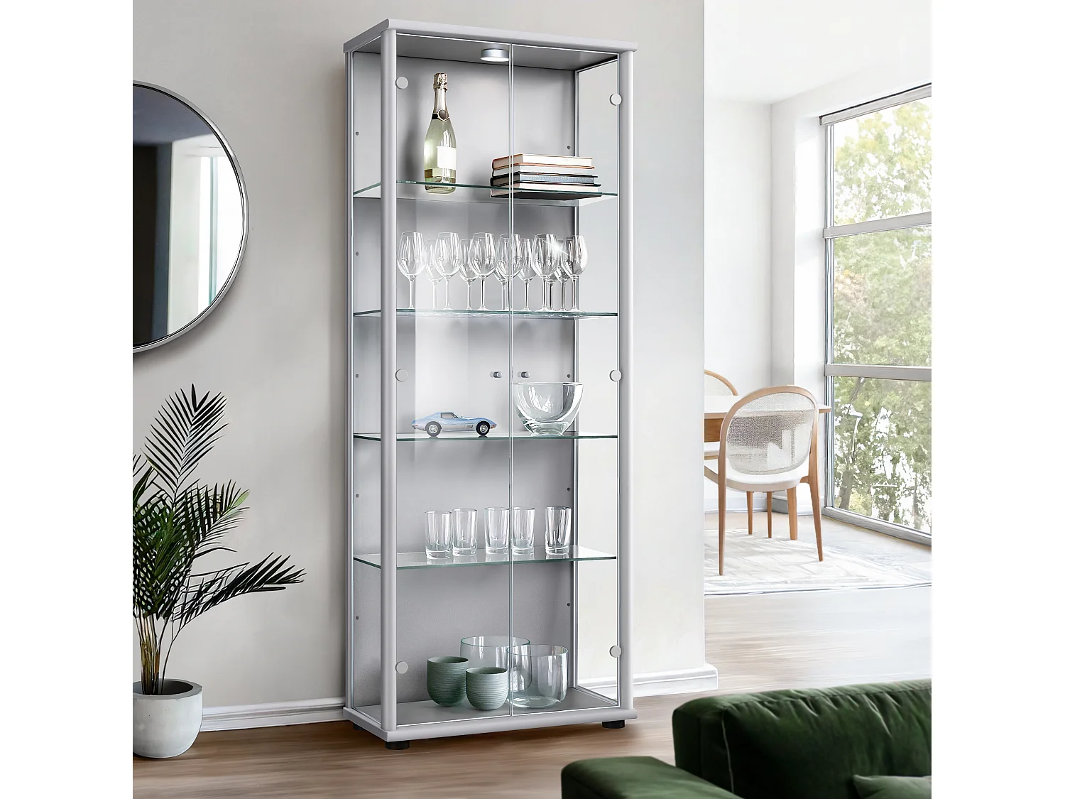 Vitrine sur pied avec 2 portes, 4 étagères en verre réglables en hauteur - Avec éclairage LED - 176x67x33 cm - Couleur argentée