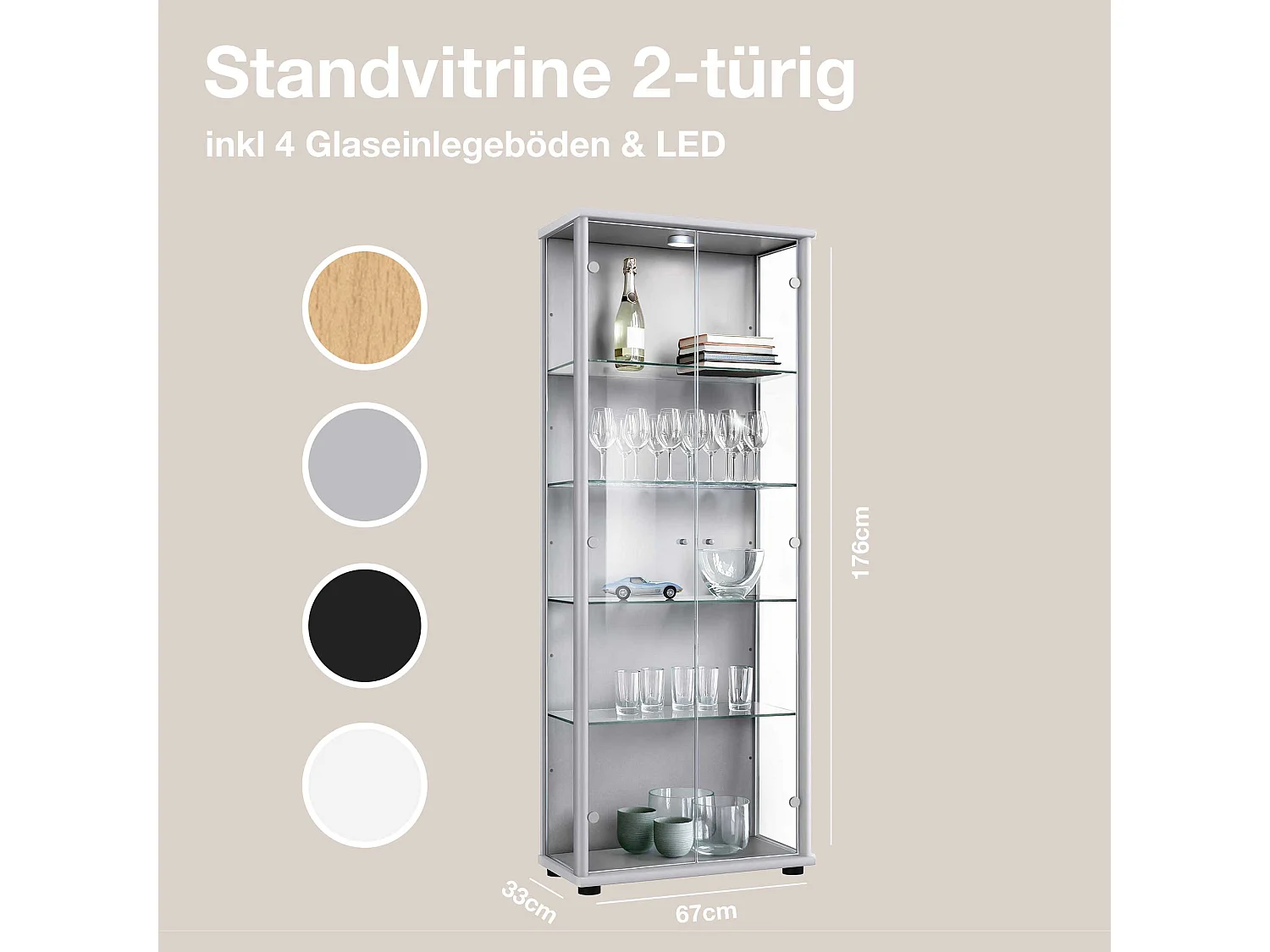 Vitrine sur pied avec 2 portes, 4 étagères en verre réglables en hauteur - Avec éclairage LED - 176x67x33 cm - Couleur argentée