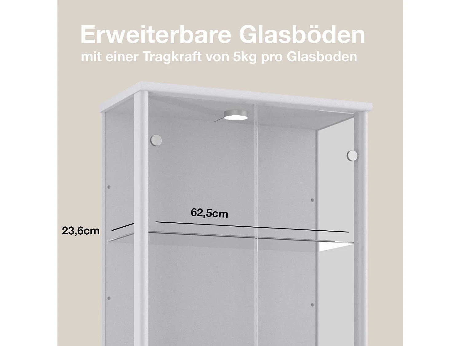 Vitrine sur pied avec 2 portes, 4 étagères en verre réglables en hauteur - Avec éclairage LED - 176x67x33 cm - Couleur argentée