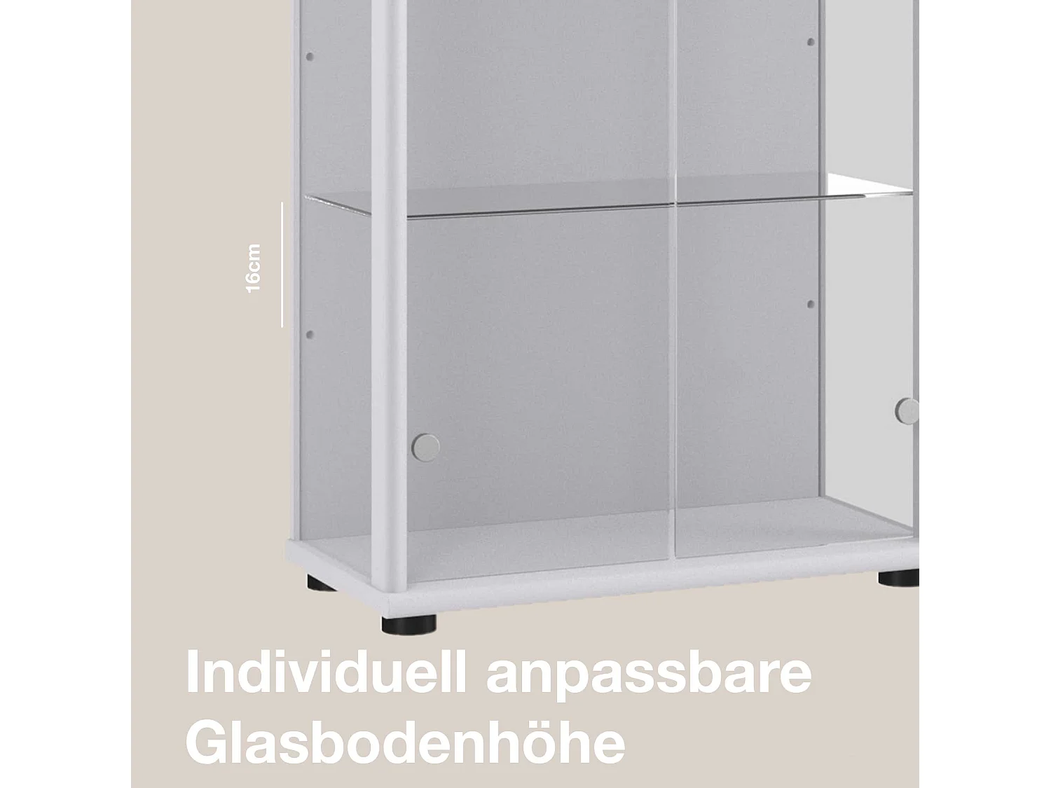 Vitrine sur pied avec 2 portes, 4 étagères en verre réglables en hauteur - Avec éclairage LED - 176x67x33 cm - Couleur argentée
