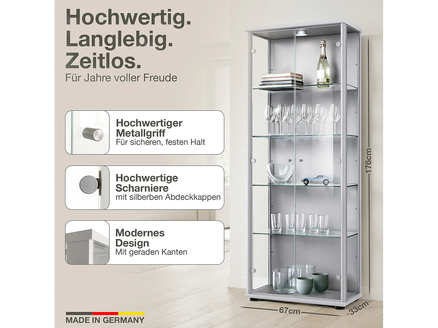 Vitrine sur pied avec 2 portes, 4 étagères en verre réglables en hauteur - Avec éclairage LED - 176x67x33 cm - Couleur argentée