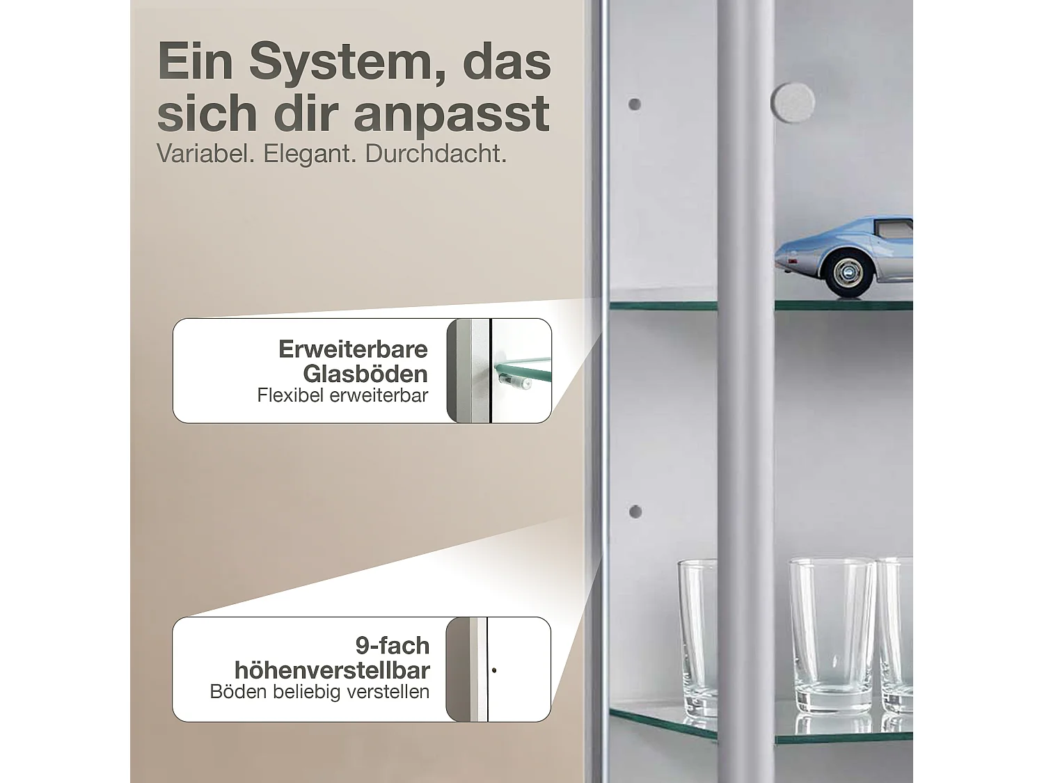 Vitrine sur pied avec 2 portes, 4 étagères en verre réglables en hauteur - Avec éclairage LED - 176x67x33 cm - Couleur argentée