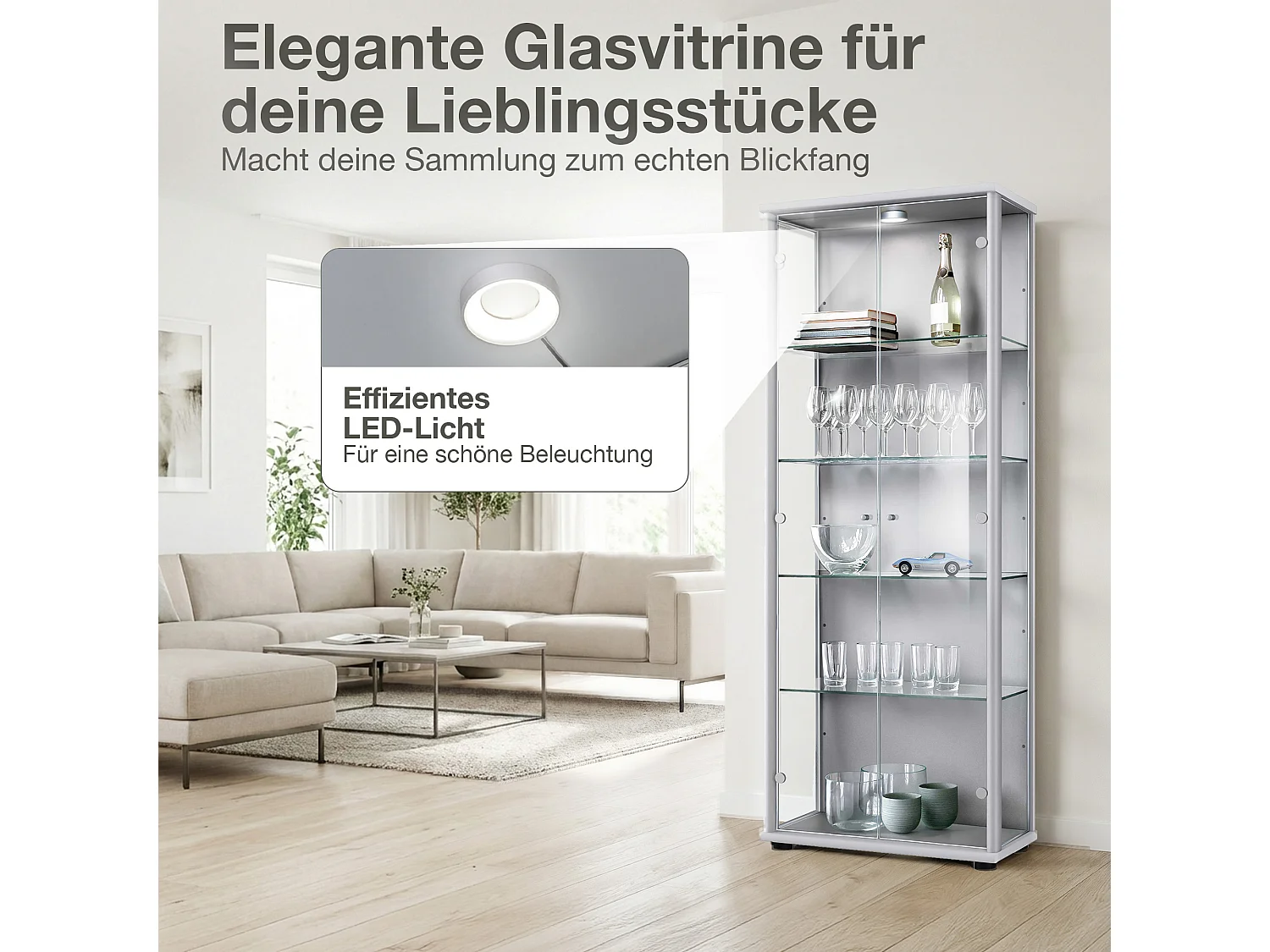 Vitrine sur pied avec 2 portes, 4 étagères en verre réglables en hauteur - Avec éclairage LED - 176x67x33 cm - Couleur argentée