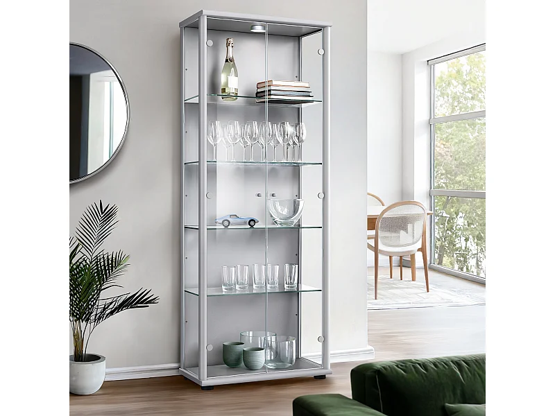 Vitrine sur pied avec 2 portes, 4 étagères en verre réglables en hauteur - Avec éclairage LED - 176x67x33 cm - Couleur argentée