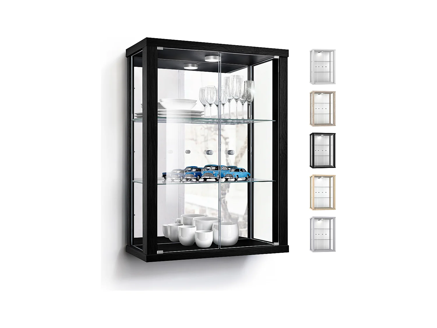 Hängevitrine mit 2 Türen, 2 Höhenverstellbaren Glasböden & Spiegel - Mit LED-Beleuchtung- 80x60x25 cm - Schwarz