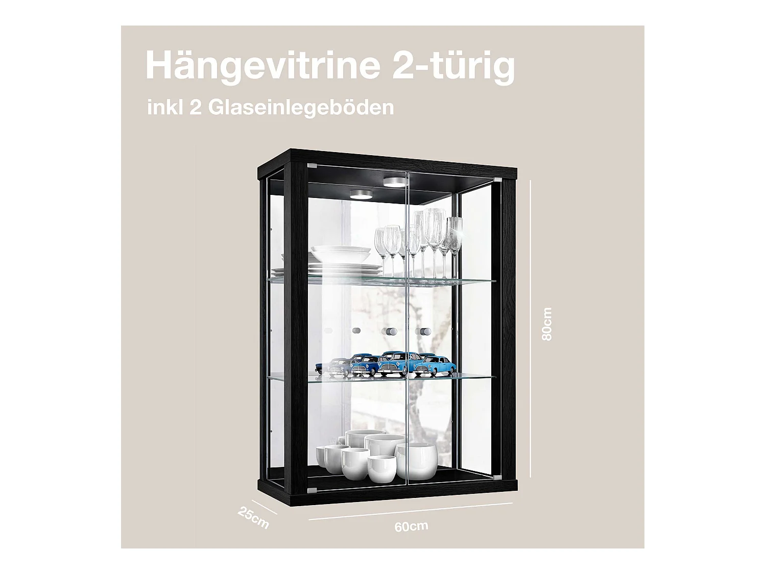 Hängevitrine mit 2 Türen, 2 Höhenverstellbaren Glasböden & Spiegel - Mit LED-Beleuchtung- 80x60x25 cm - Schwarz