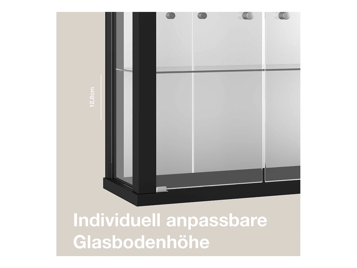 Hängevitrine mit 2 Türen, 2 Höhenverstellbaren Glasböden & Spiegel - Mit LED-Beleuchtung- 80x60x25 cm - Schwarz