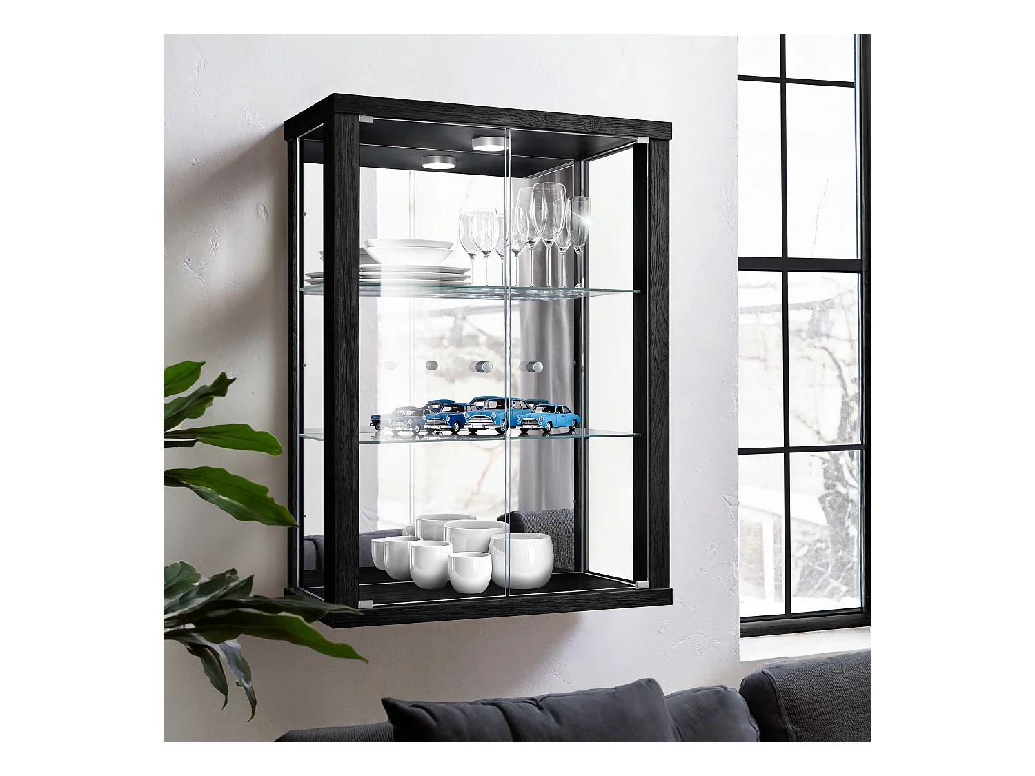 Vitrine murale avec 2 portes, 2 étagères en verre réglables en hauteur & miroir - Avec éclairage LED - 80x60x25 cm - Noir