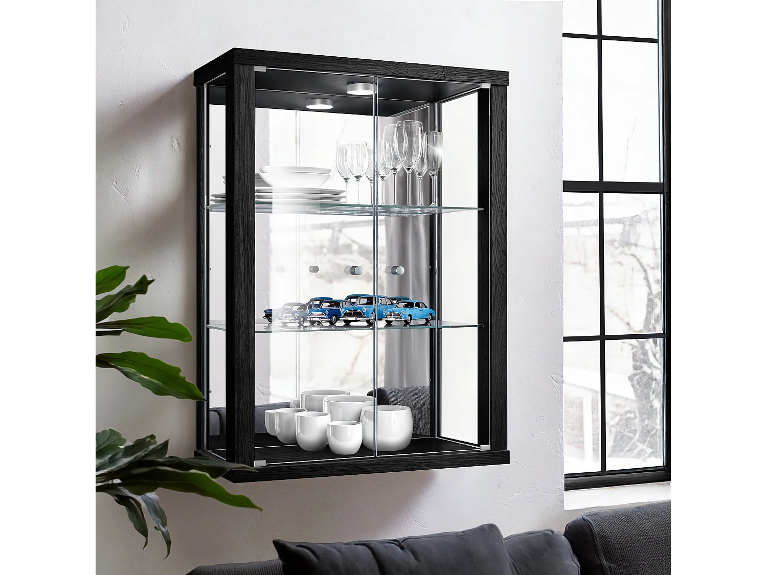 Vitrine murale avec 2 portes, 2 étagères en verre réglables en hauteur & miroir - Avec éclairage LED - 80x60x25 cm - Noir