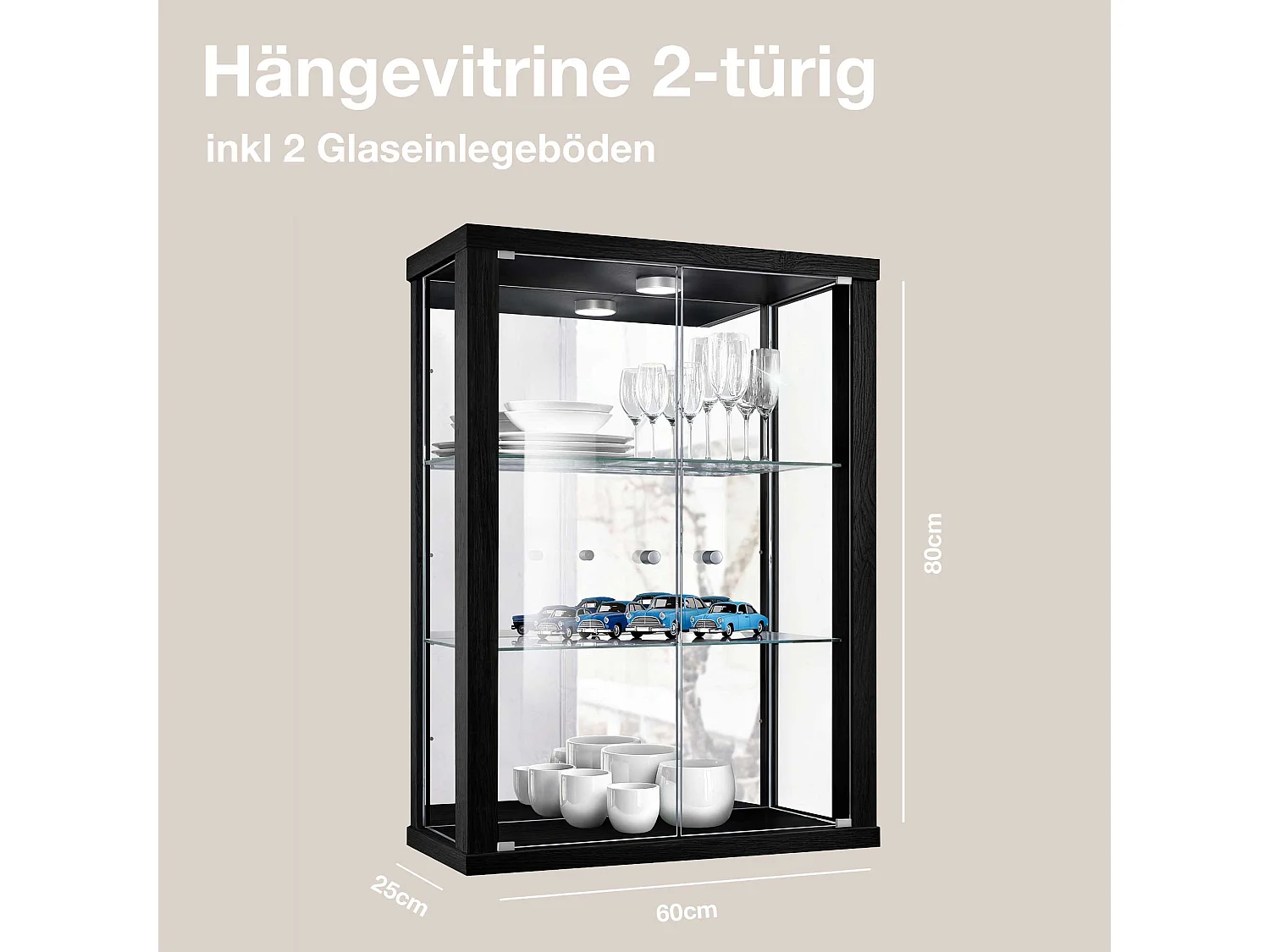 Vitrine murale avec 2 portes, 2 étagères en verre réglables en hauteur & miroir - Avec éclairage LED - 80x60x25 cm - Noir