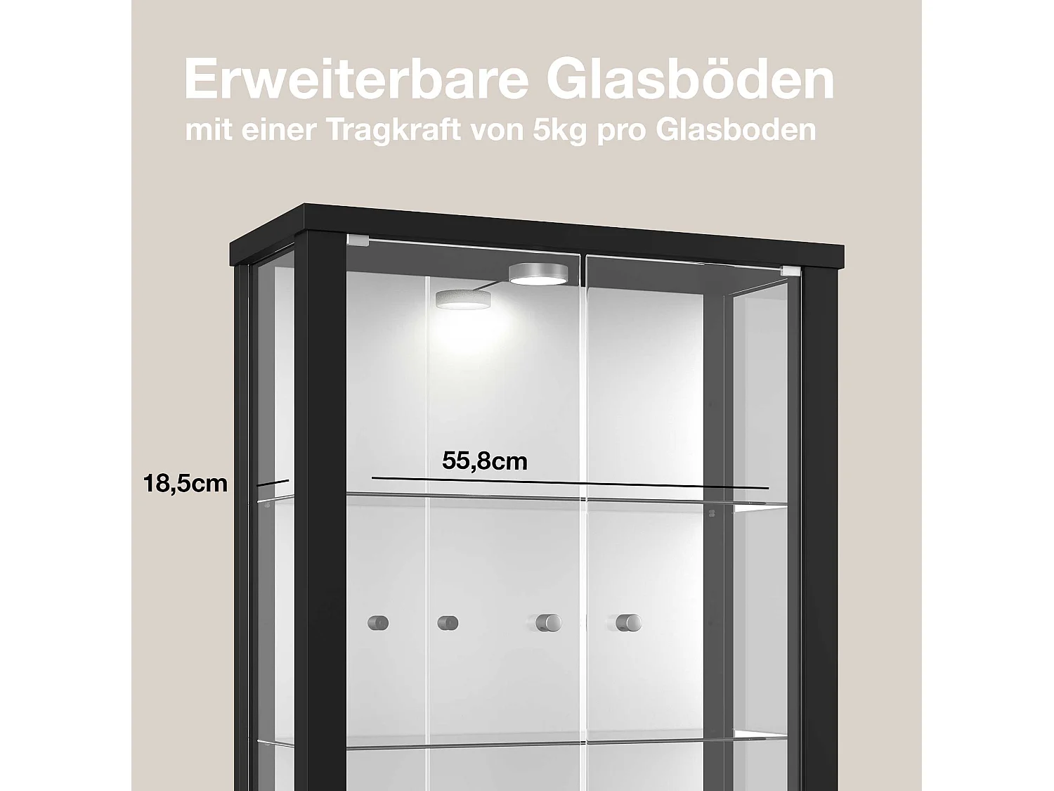 Vitrine murale avec 2 portes, 2 étagères en verre réglables en hauteur & miroir - Avec éclairage LED - 80x60x25 cm - Noir