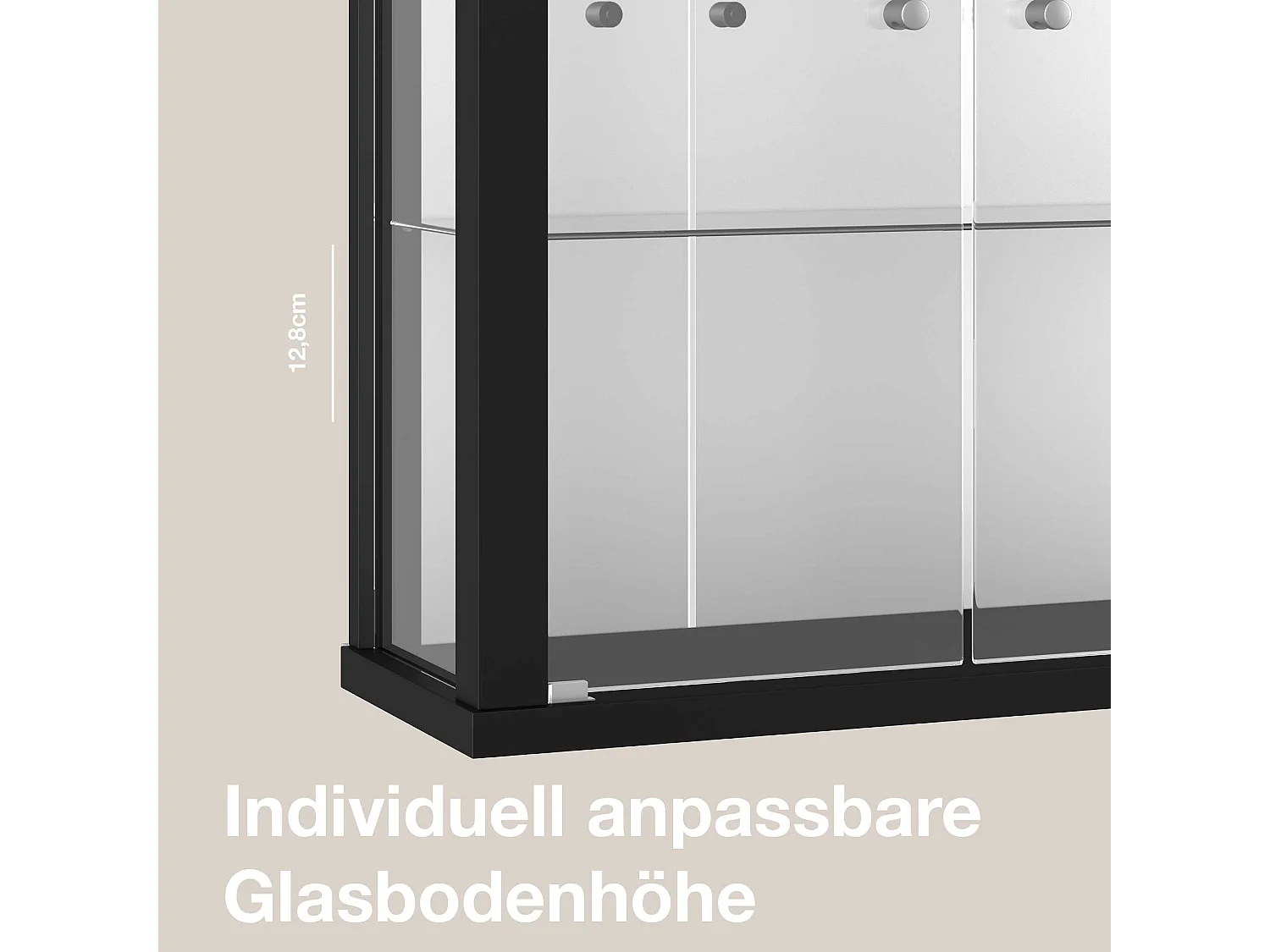 Vitrine murale avec 2 portes, 2 étagères en verre réglables en hauteur & miroir - Avec éclairage LED - 80x60x25 cm - Noir