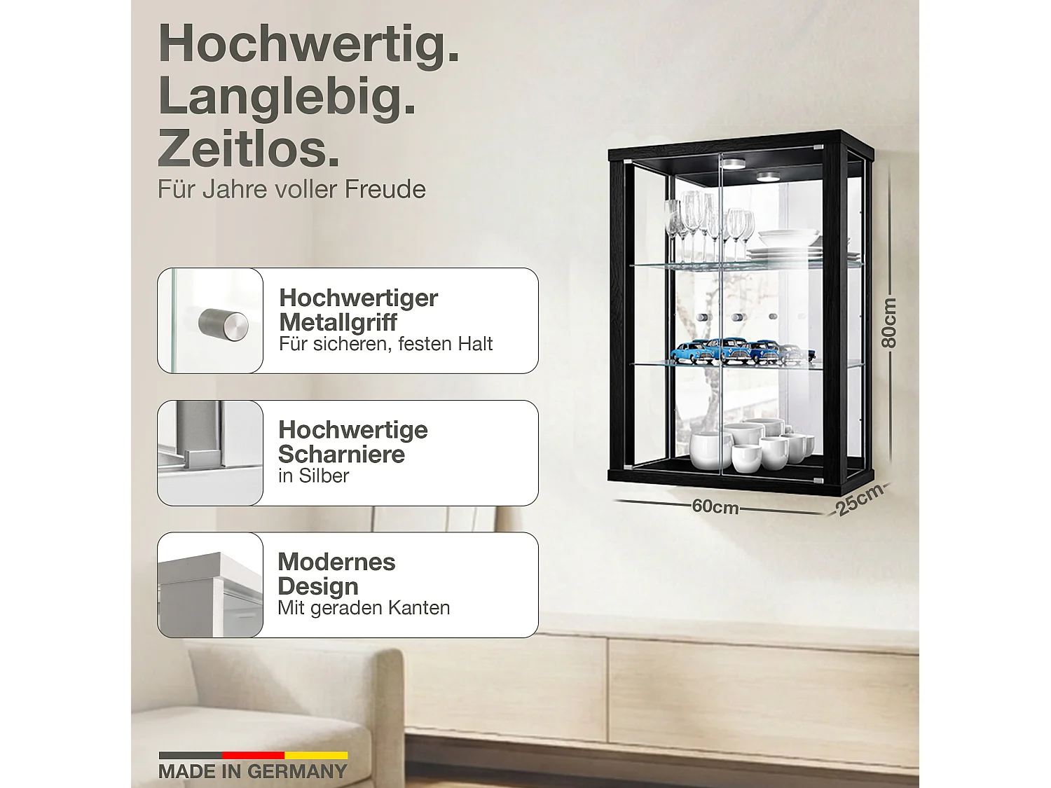 Vitrine murale avec 2 portes, 2 étagères en verre réglables en hauteur & miroir - Avec éclairage LED - 80x60x25 cm - Noir