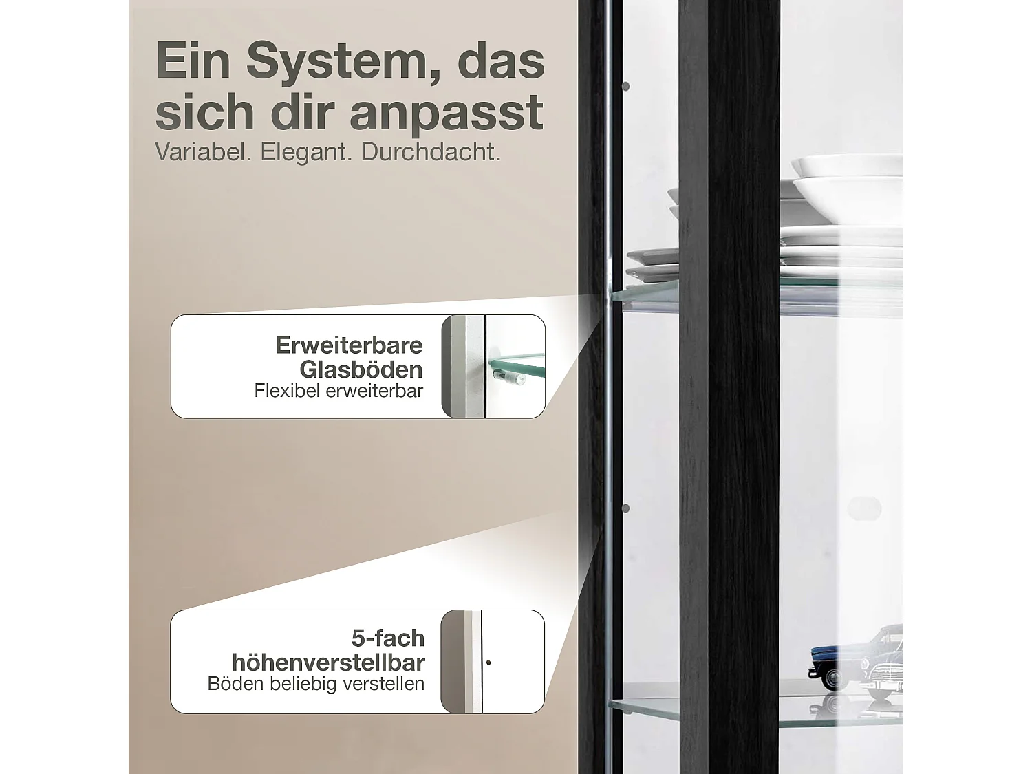 Vitrine murale avec 2 portes, 2 étagères en verre réglables en hauteur & miroir - Avec éclairage LED - 80x60x25 cm - Noir