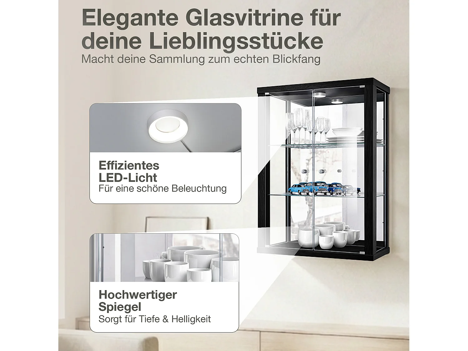 Wandvitrine met 2 deuren, 2 in hoogte verstelbare glasplanken & spiegel - Met LED-verlichting - 80x60x25 cm - Zwart