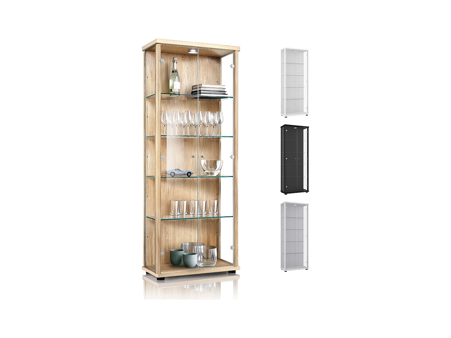 Standvitrine mit 2 Türen, 4 Höhenverstellbaren Glasböden - Mit LED-Beleuchtung - 176x67x33 cm - Buchefarben