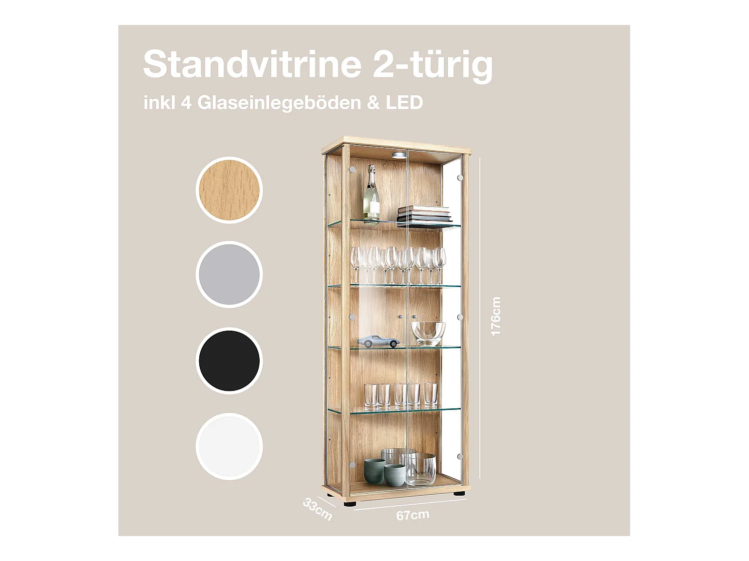 Standvitrine mit 2 Türen, 4 Höhenverstellbaren Glasböden - Mit LED-Beleuchtung - 176x67x33 cm - Buchefarben