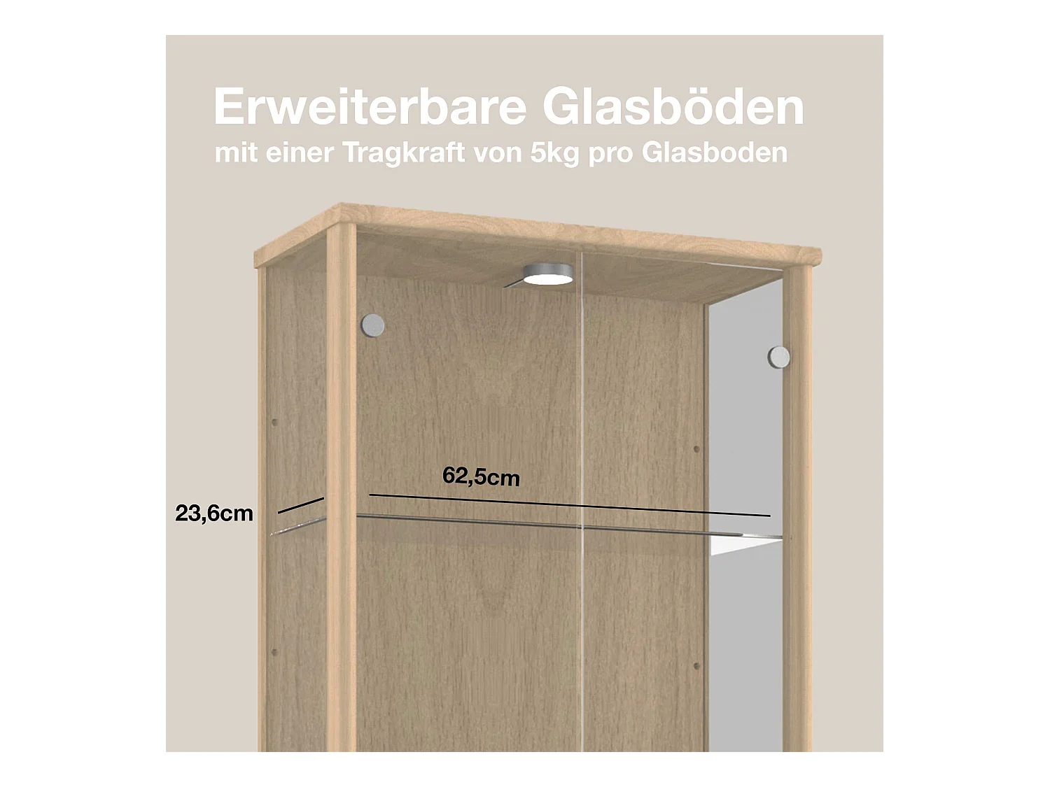 Standvitrine mit 2 Türen, 4 Höhenverstellbaren Glasböden - Mit LED-Beleuchtung - 176x67x33 cm - Buchefarben