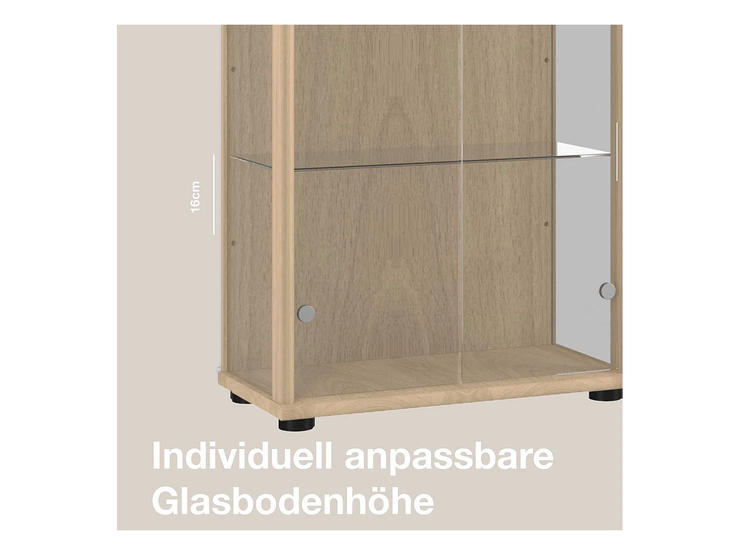 Standvitrine mit 2 Türen, 4 Höhenverstellbaren Glasböden - Mit LED-Beleuchtung - 176x67x33 cm - Buchefarben