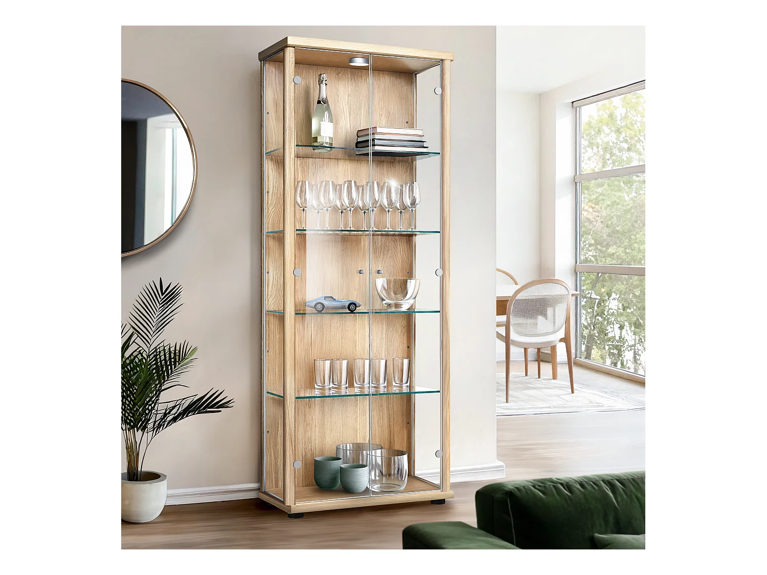 Vitrine sur pied avec 2 portes, 4 étagères en verre réglables en hauteur - Avec éclairage LED - 176x67x33 cm - Couleur hêtre