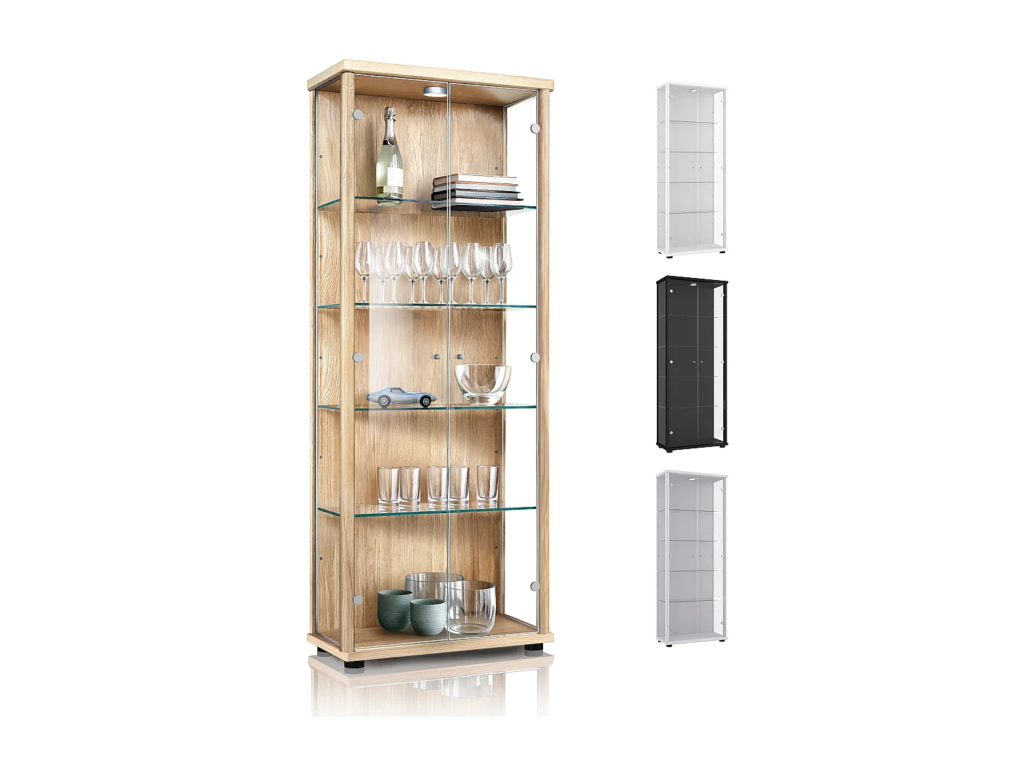 Vitrine sur pied avec 2 portes, 4 étagères en verre réglables en hauteur - Avec éclairage LED - 176x67x33 cm - Couleur hêtre