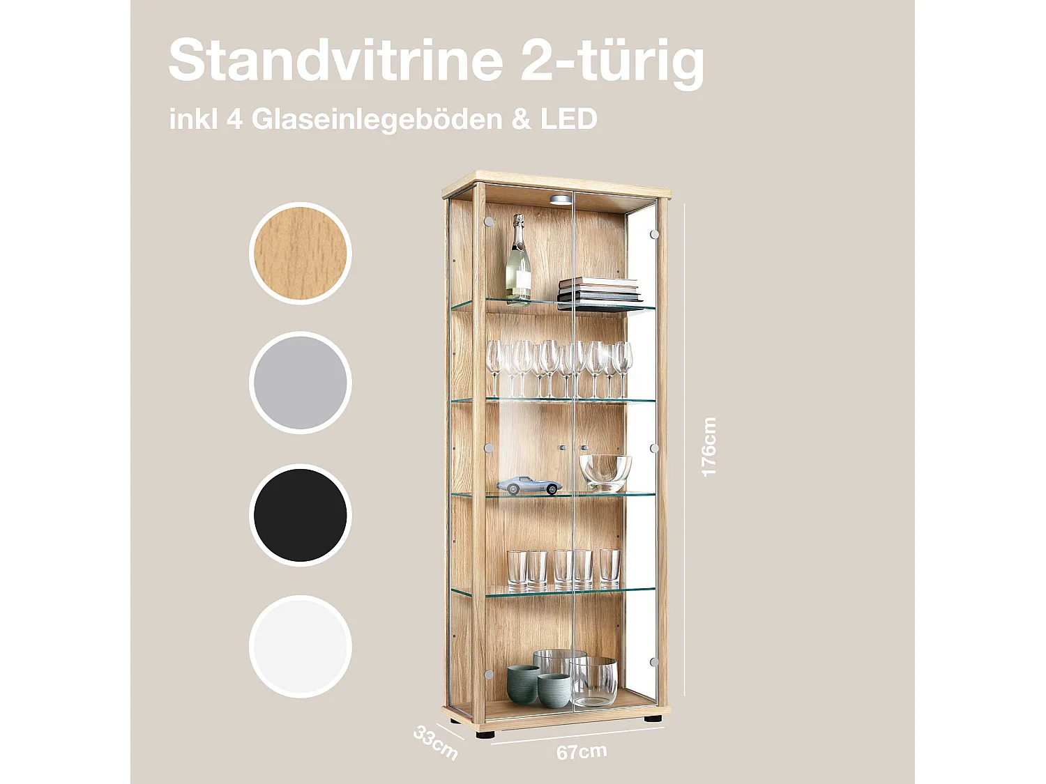 Vitrine sur pied avec 2 portes, 4 étagères en verre réglables en hauteur - Avec éclairage LED - 176x67x33 cm - Couleur hêtre