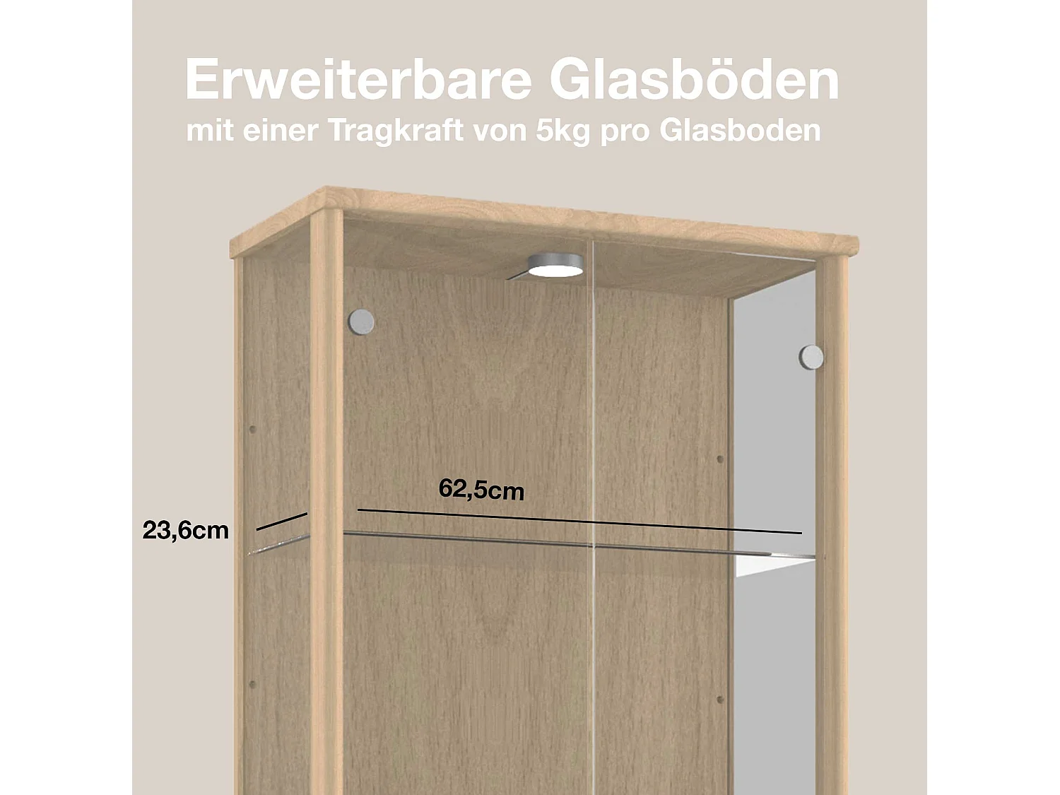 Vitrine sur pied avec 2 portes, 4 étagères en verre réglables en hauteur - Avec éclairage LED - 176x67x33 cm - Couleur hêtre