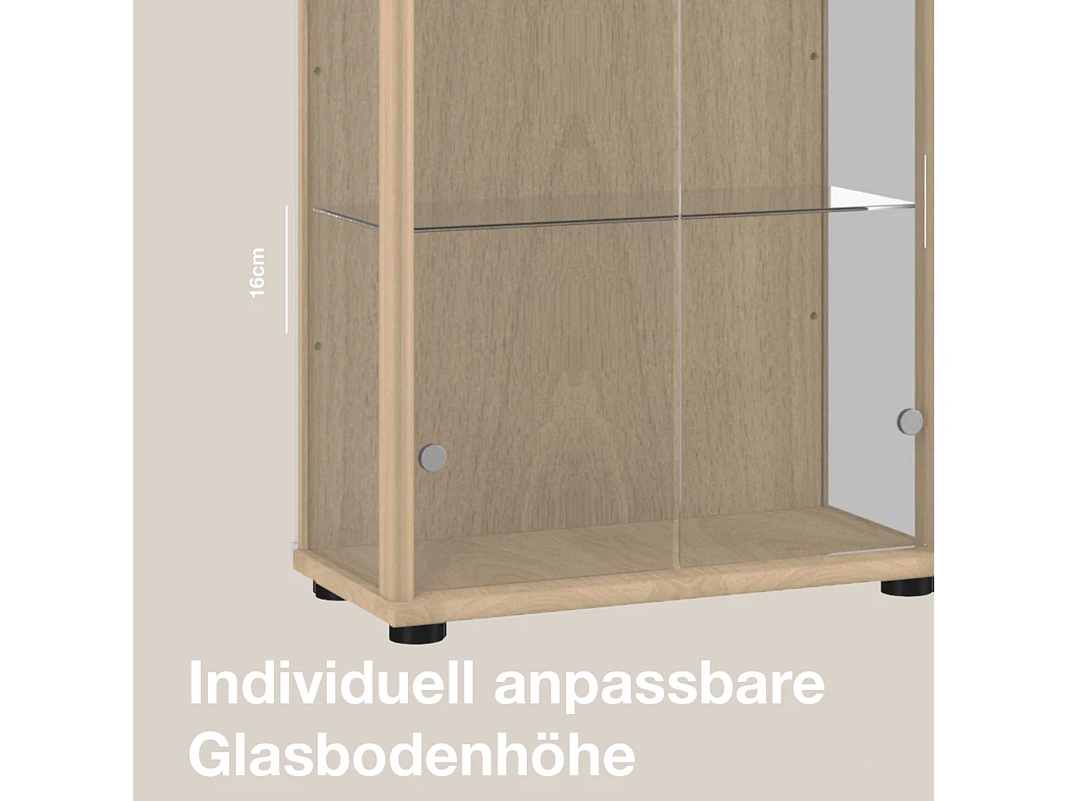 Vitrine sur pied avec 2 portes, 4 étagères en verre réglables en hauteur - Avec éclairage LED - 176x67x33 cm - Couleur hêtre