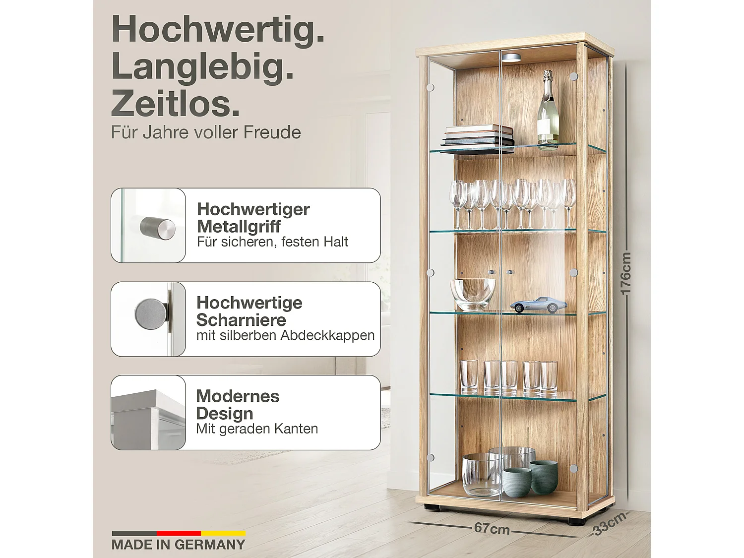 Vitrine sur pied avec 2 portes, 4 étagères en verre réglables en hauteur - Avec éclairage LED - 176x67x33 cm - Couleur hêtre