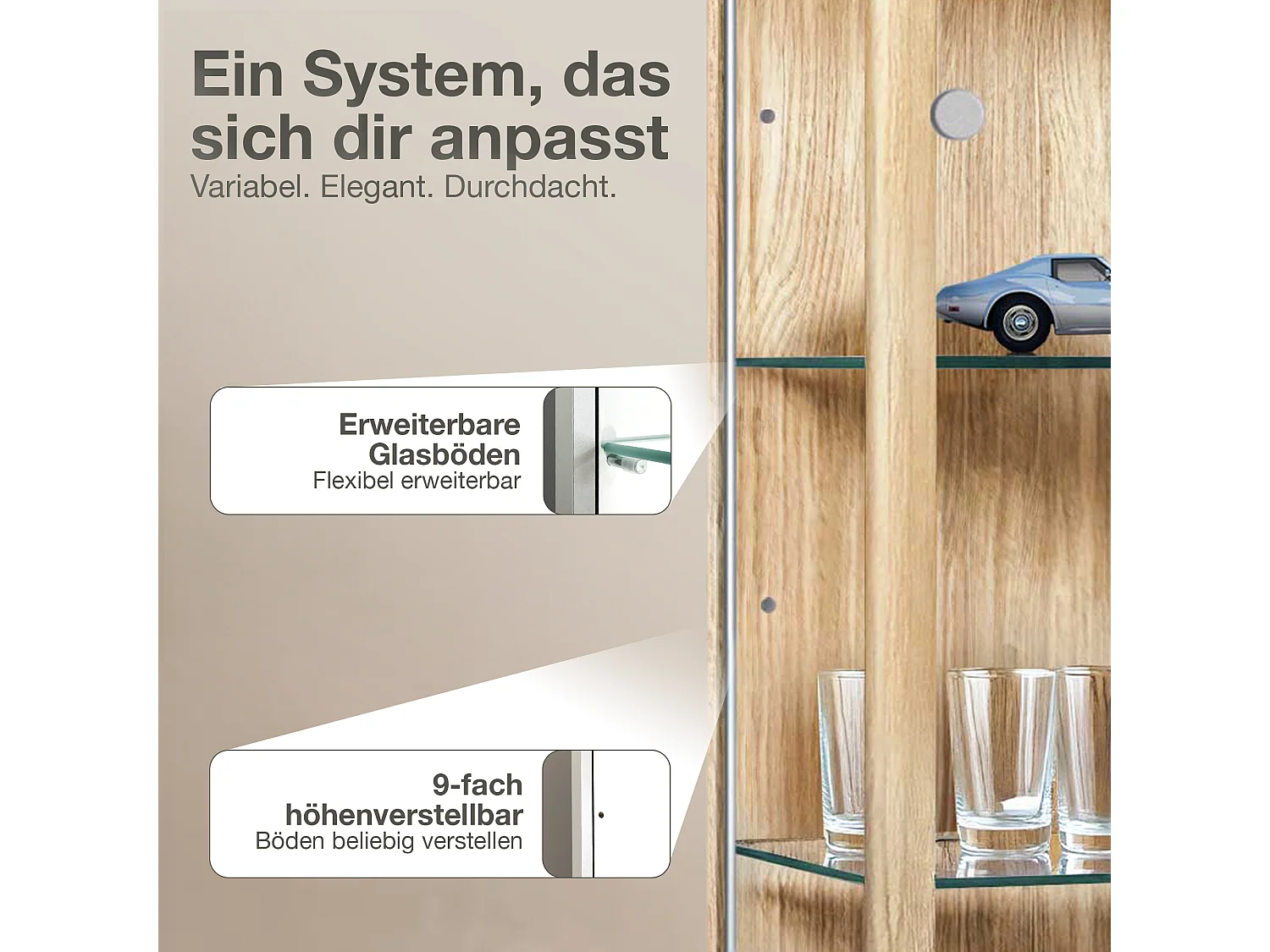 Vitrine sur pied avec 2 portes, 4 étagères en verre réglables en hauteur - Avec éclairage LED - 176x67x33 cm - Couleur hêtre