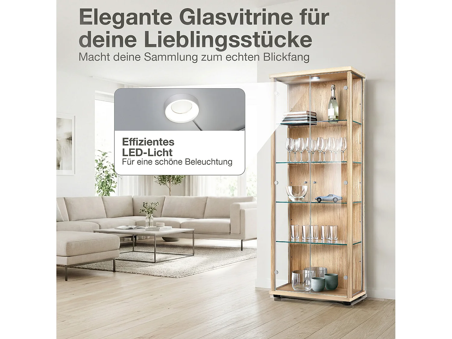 Vitrine sur pied avec 2 portes, 4 étagères en verre réglables en hauteur - Avec éclairage LED - 176x67x33 cm - Couleur hêtre