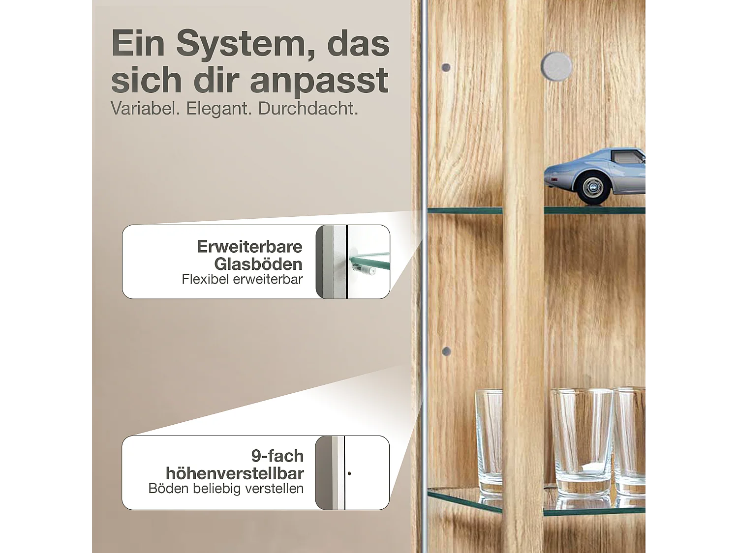 Vitrine sur pied avec 2 portes, 4 étagères en verre réglables en hauteur - Avec éclairage LED - 176x67x33 cm - Couleur hêtre