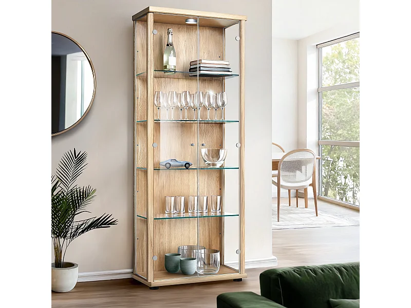 Vitrine sur pied avec 2 portes, 4 étagères en verre réglables en hauteur - Avec éclairage LED - 176x67x33 cm - Couleur hêtre