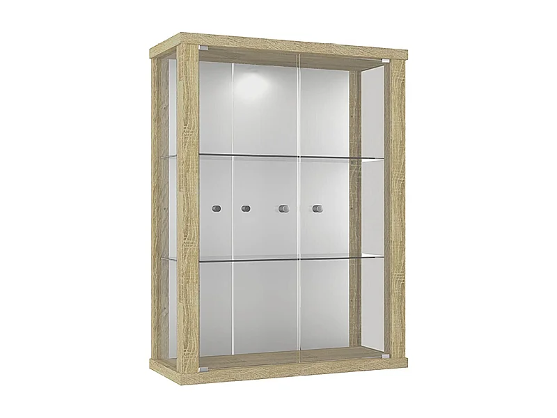 Vitrine murale avec 2 portes, 2 étagères en verre réglables en hauteur & miroir - Avec éclairage LED - 80x60x25 cm - Chêne Sonoma