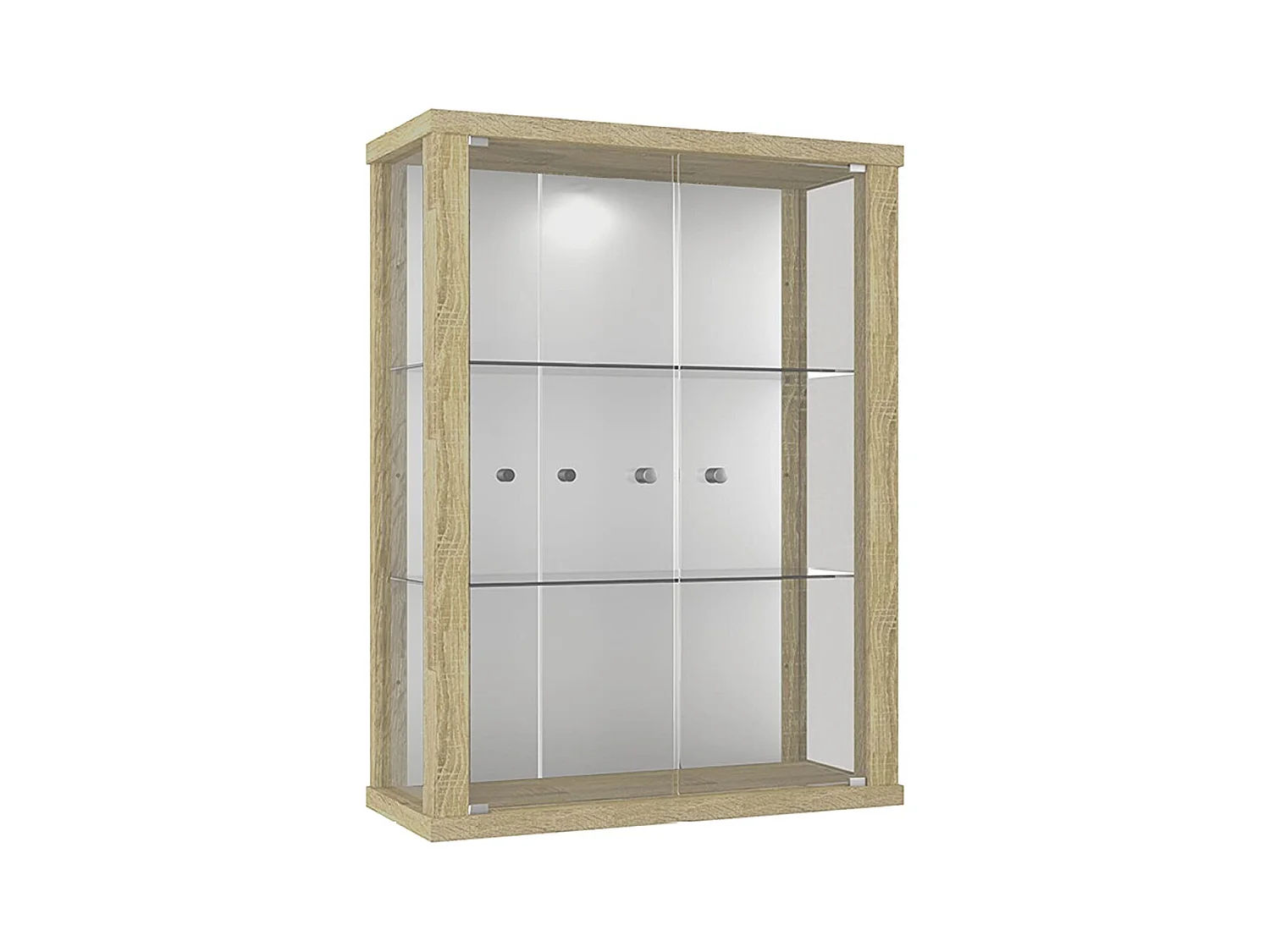 Vitrine murale avec 2 portes, 2 étagères en verre réglables en hauteur & miroir - Avec éclairage LED - 80x60x25 cm - Chêne Sonoma